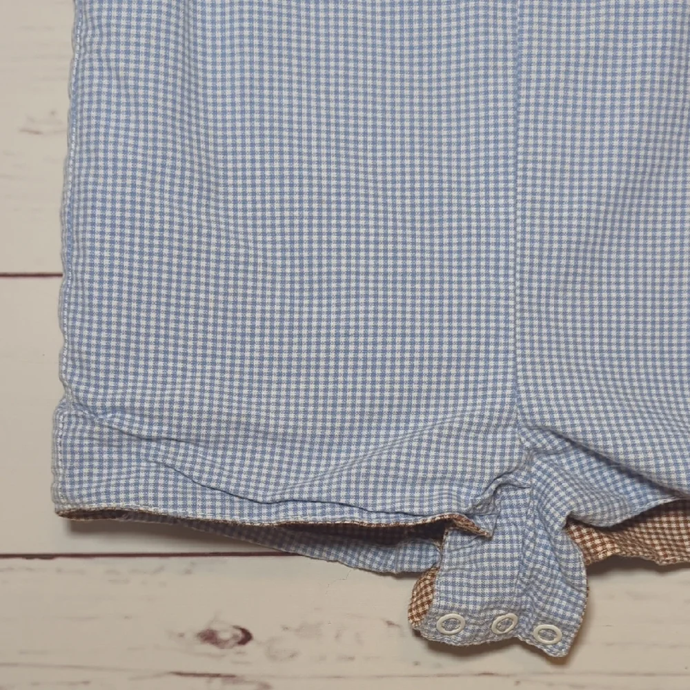 Vintage Baby Boy Infant Blue Gingham‎ Baby Romper Shortall Bunny Turtle 6-12 MO.